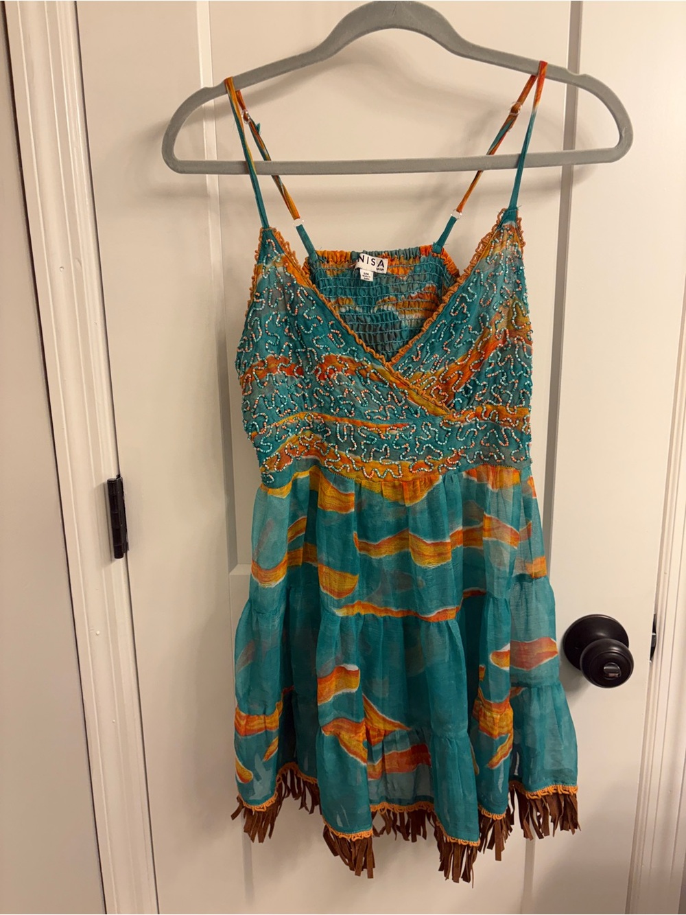 Teal & Orange Smocked V-Neck Bodysuit Top